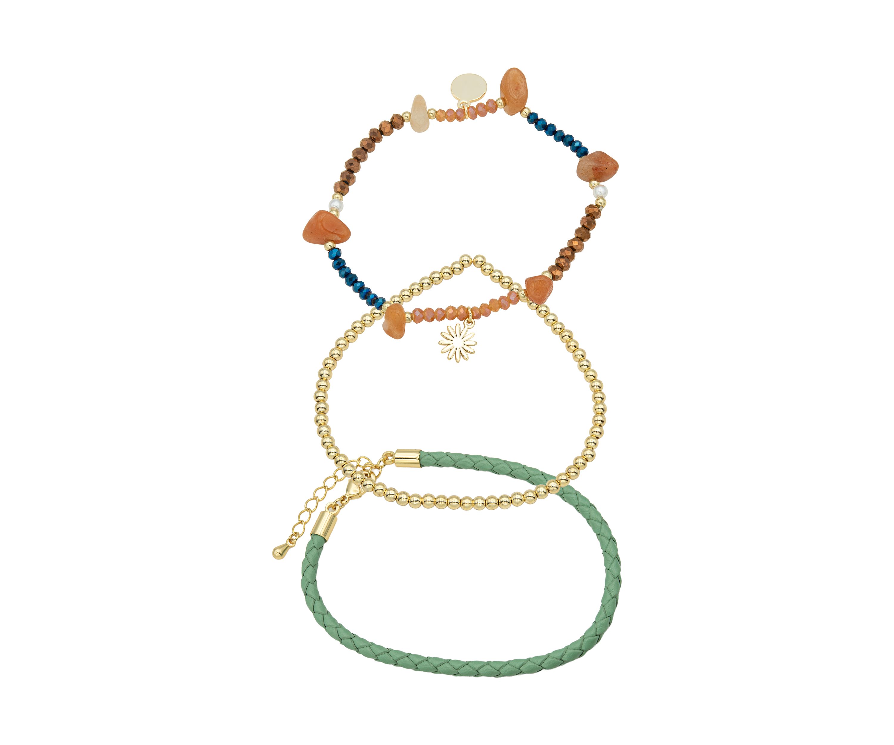 Gold Plated Trio Adjustable Beaded and Leather Charm Bracelets - Set of 3