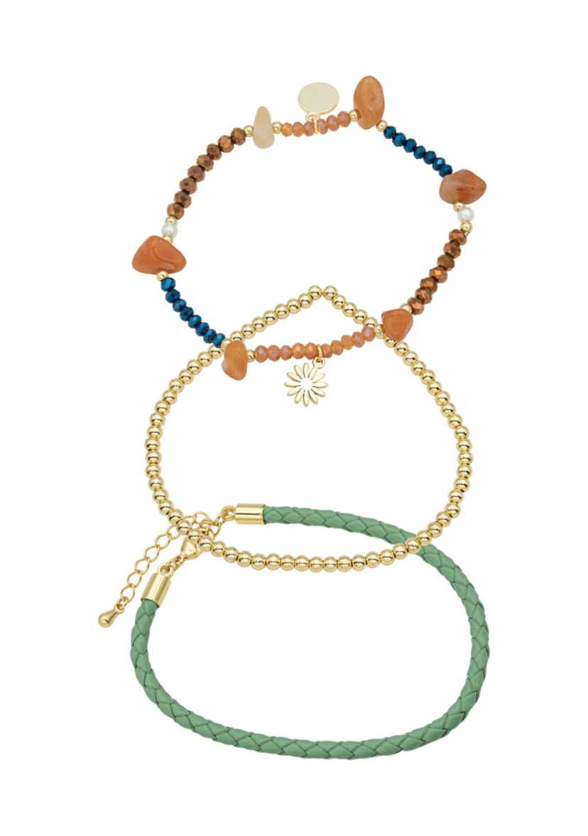 Gold Plated Trio Adjustable Beaded and Leather Charm Bracelets - Set of 3