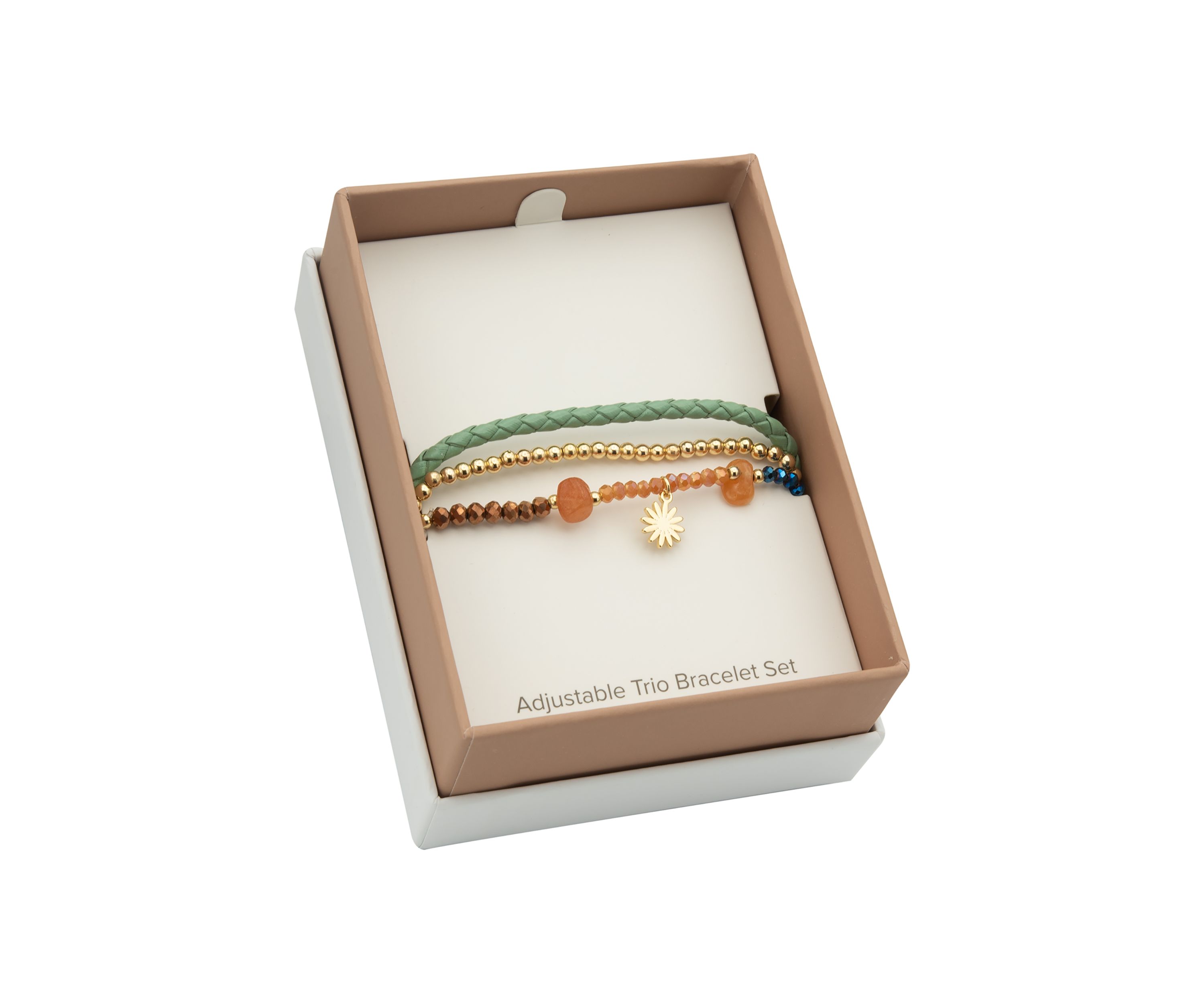 Gold Plated Trio Adjustable Beaded and Leather Charm Bracelets - Set of 3