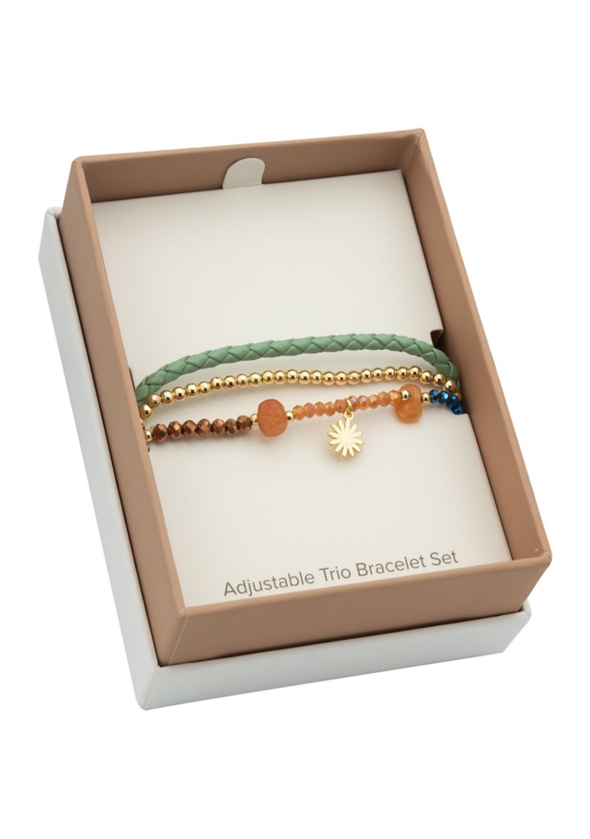 Gold Plated Trio Adjustable Beaded and Leather Charm Bracelets - Set of 3