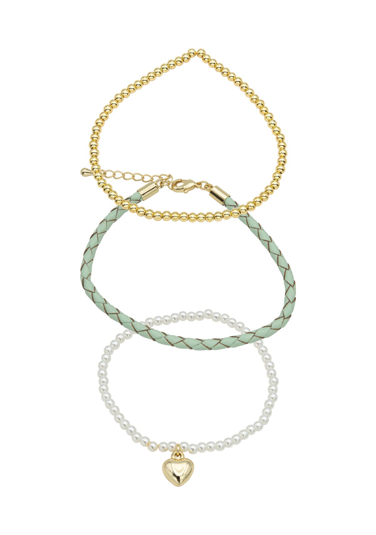 Gold Plated Trio Adjustable Beaded and Leather Charm Bracelets - Set of 3