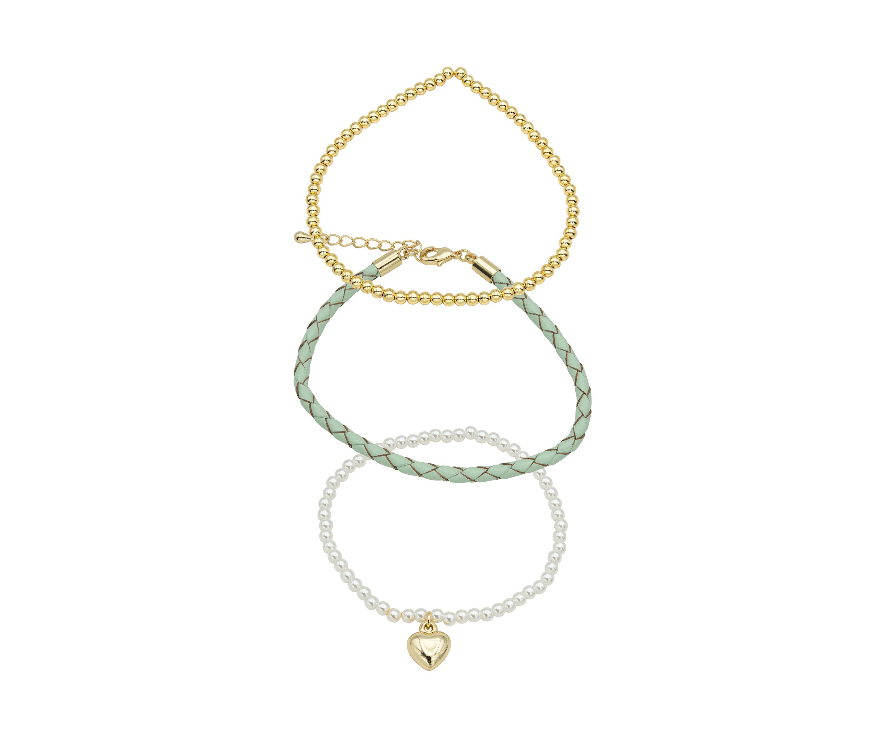 Gold Plated Trio Adjustable Beaded and Leather Charm Bracelets - Set of 3