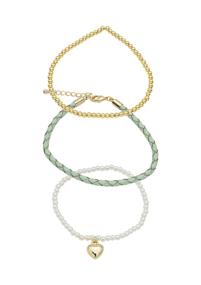Gold Plated Trio Adjustable Beaded and Leather Charm Bracelets - Set of 3