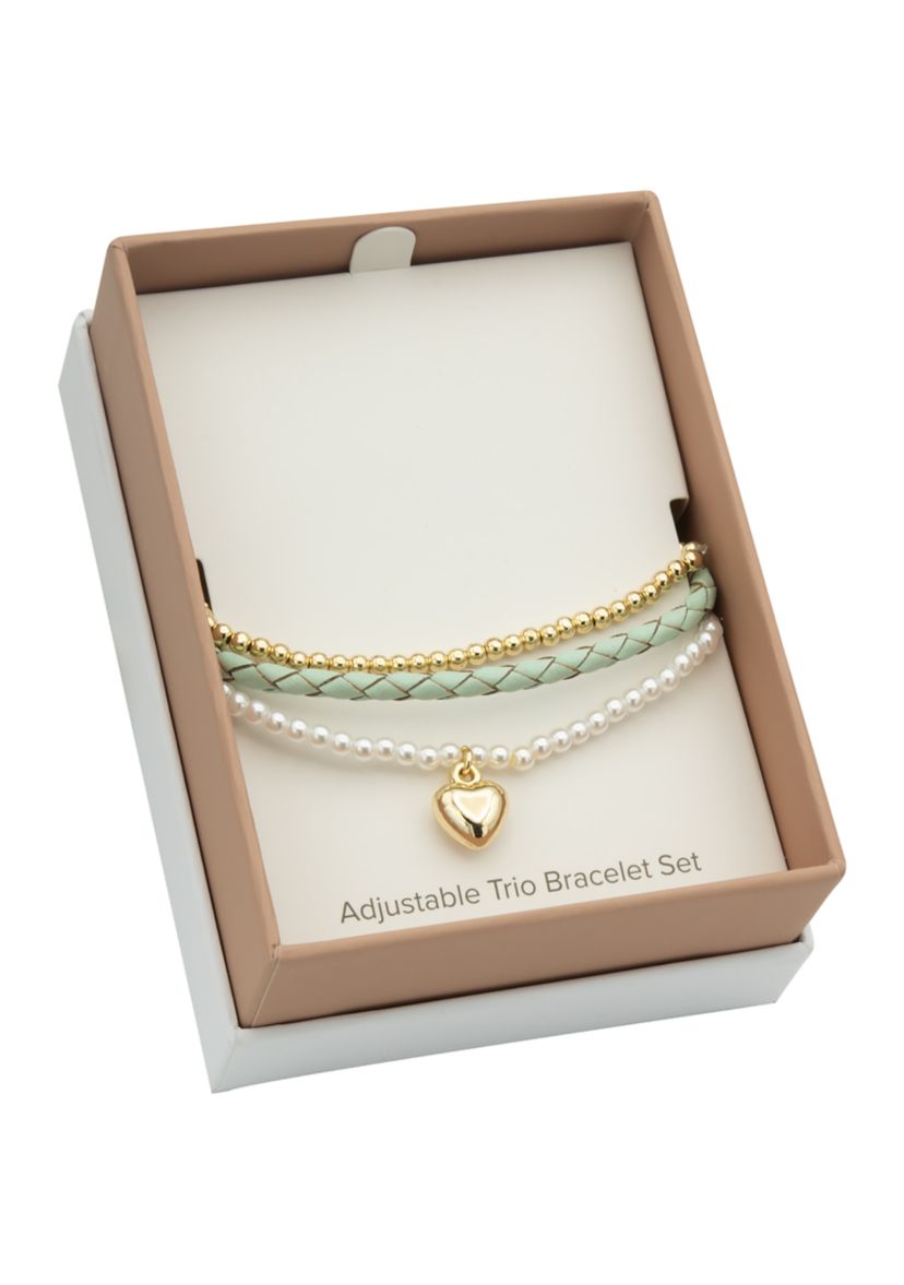 Gold Plated Trio Adjustable Beaded and Leather Charm Bracelets - Set of 3