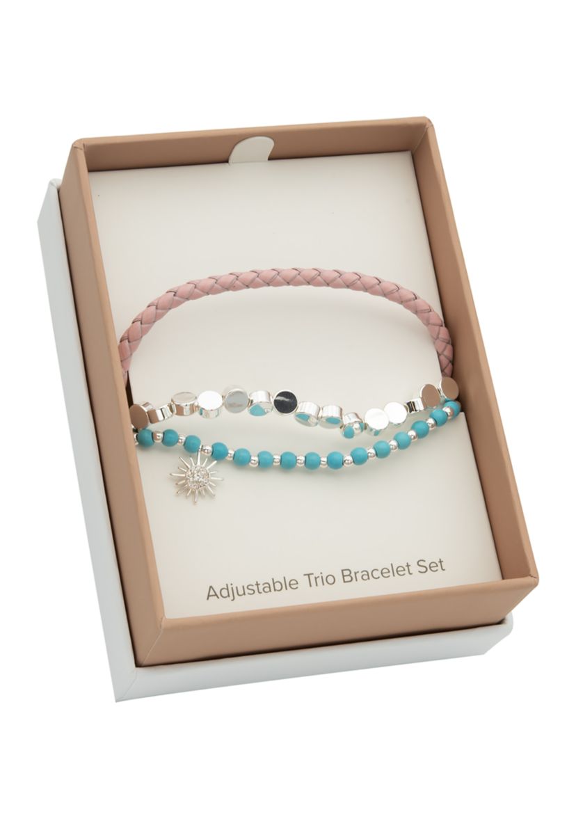 Silver Tone Trio Adjustable Beaded and Leather Charm Bracelets - Set of 3