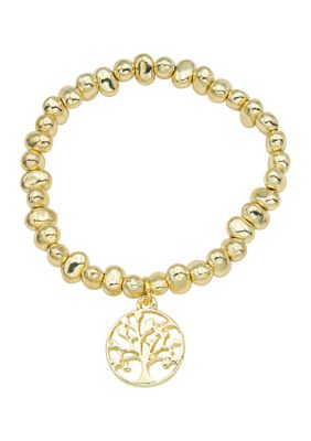 Gold Tone Tree of Life Beaded Stretch Bracelet