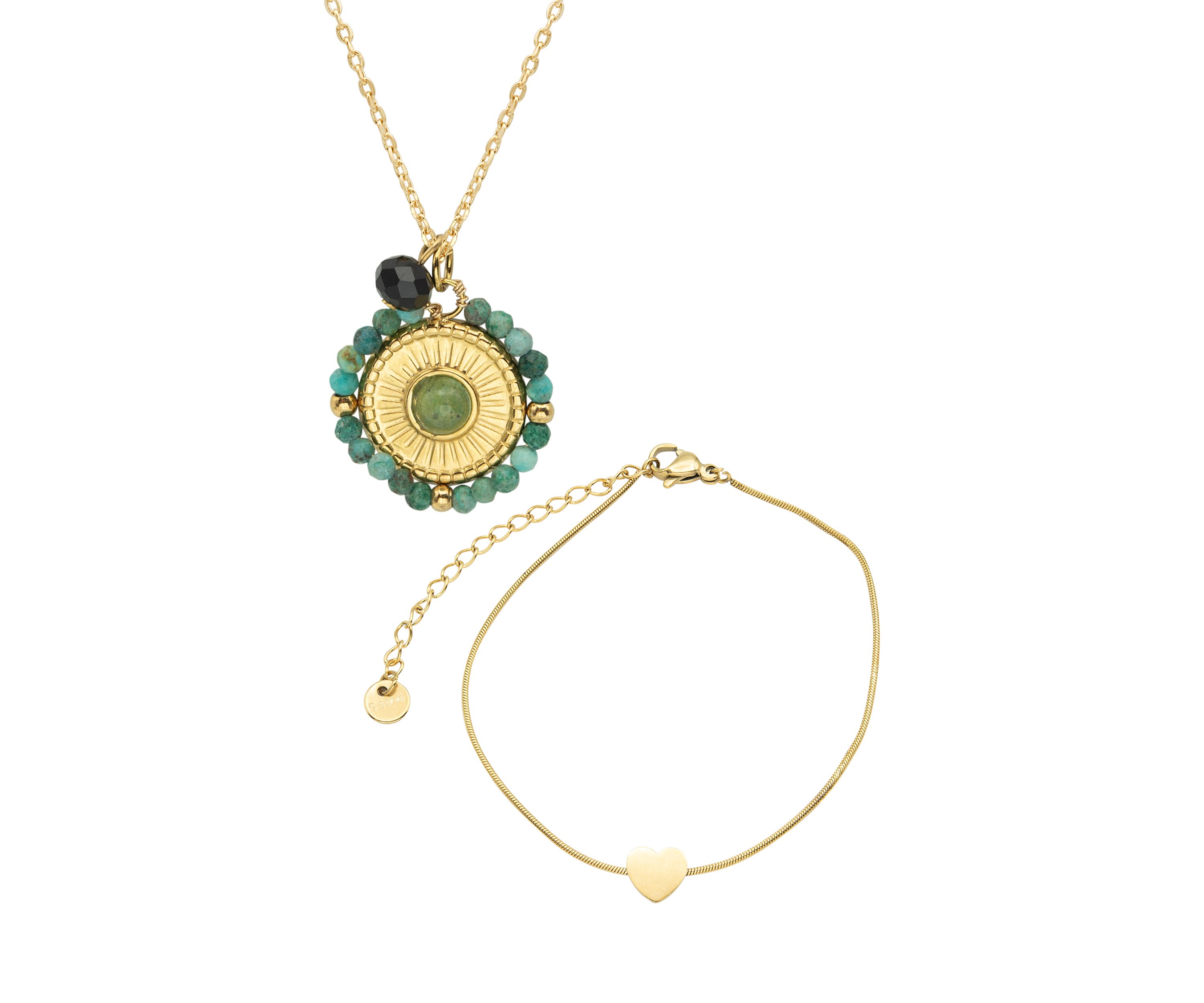 Gold Duo Heart Bracelet and Beaded Disk Necklace Set