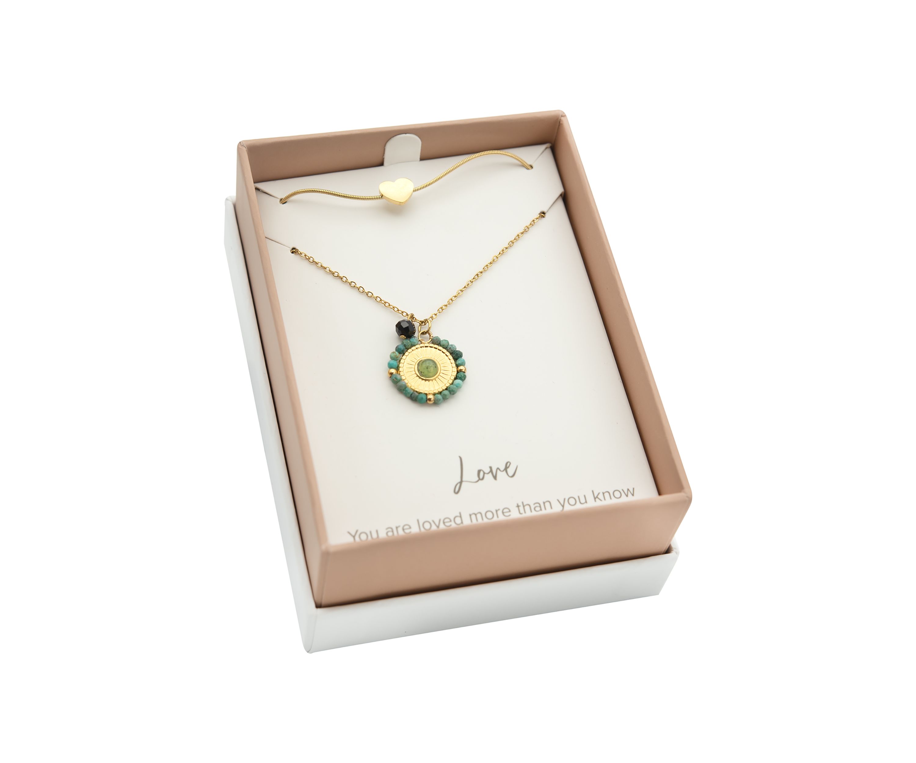 Gold Duo Heart Bracelet and Beaded Disk Necklace Set