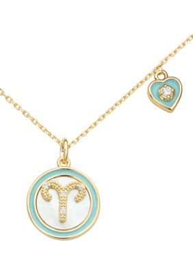 Wonderly Gold Mother of Pearl Aries Zodiac Pendant with Charm Necklace, 16 in