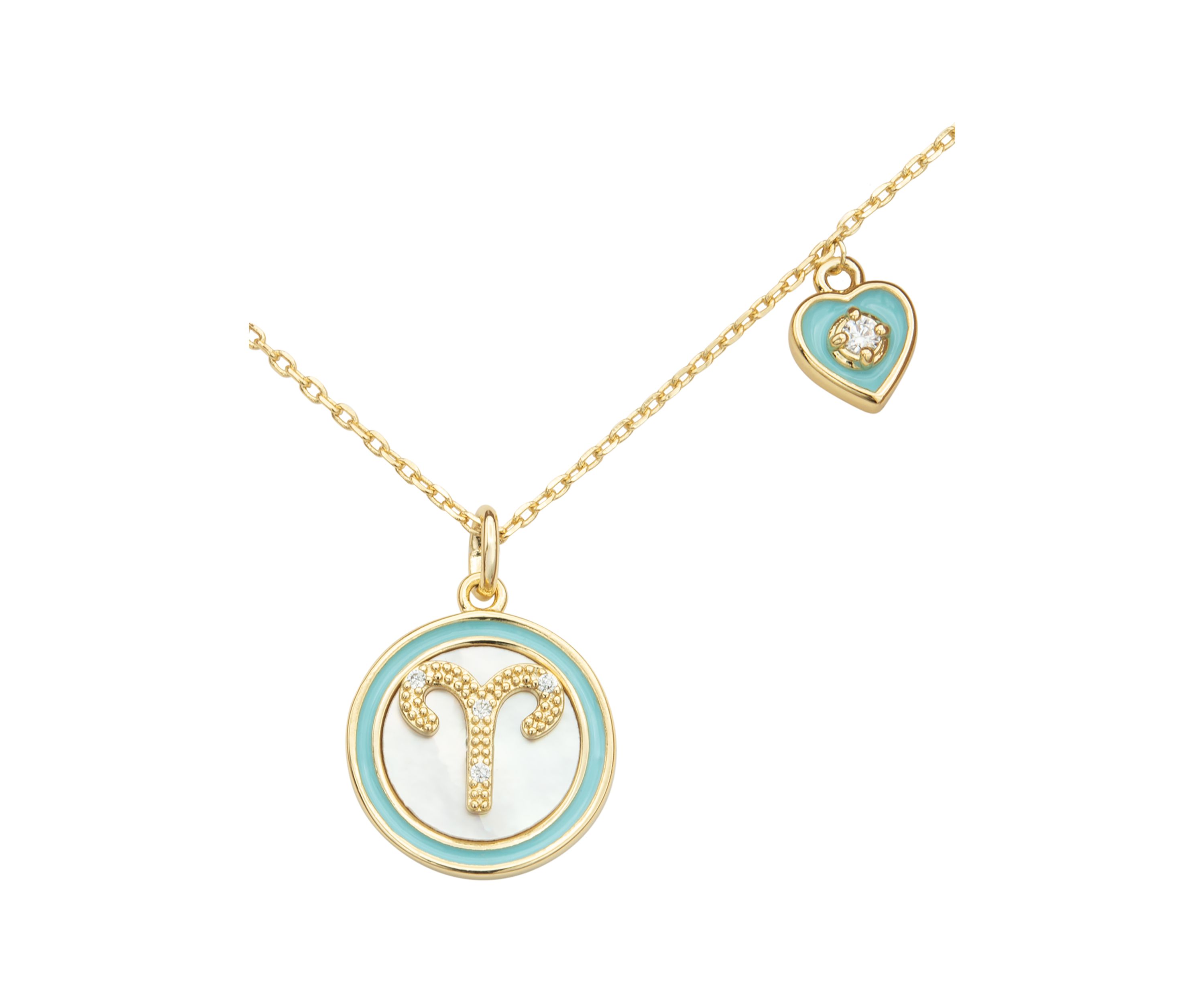 Lab Grown Gold Mother of Pearl Aries Zodiac Pendant with Charm Necklace