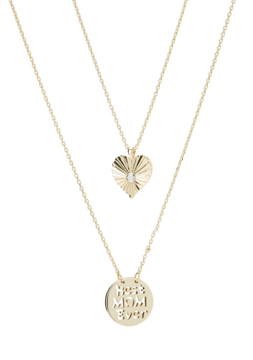 Gold Plated Best Mom Ever Disk and Heart Duo Pendant Necklace Set