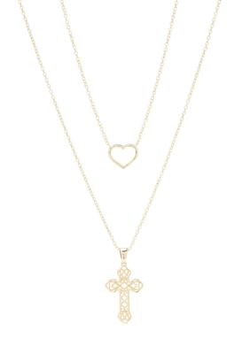 Gold Plated Filigree Cross and Open Heart Duo Pendant Necklace Set