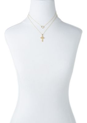 Gold Plated Filigree Cross and Open Heart Duo Pendant Necklace Set