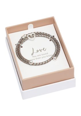 Lab Created Silver Tone Open Heart Leather Adjustable Bracelet