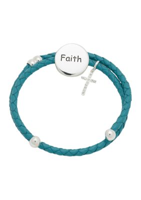 Lab Created Silver Tone Faith Disk Charm Leather Adjustable Bracelet