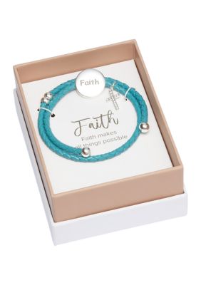 Lab Created Silver Tone Faith Disk Charm Leather Adjustable Bracelet