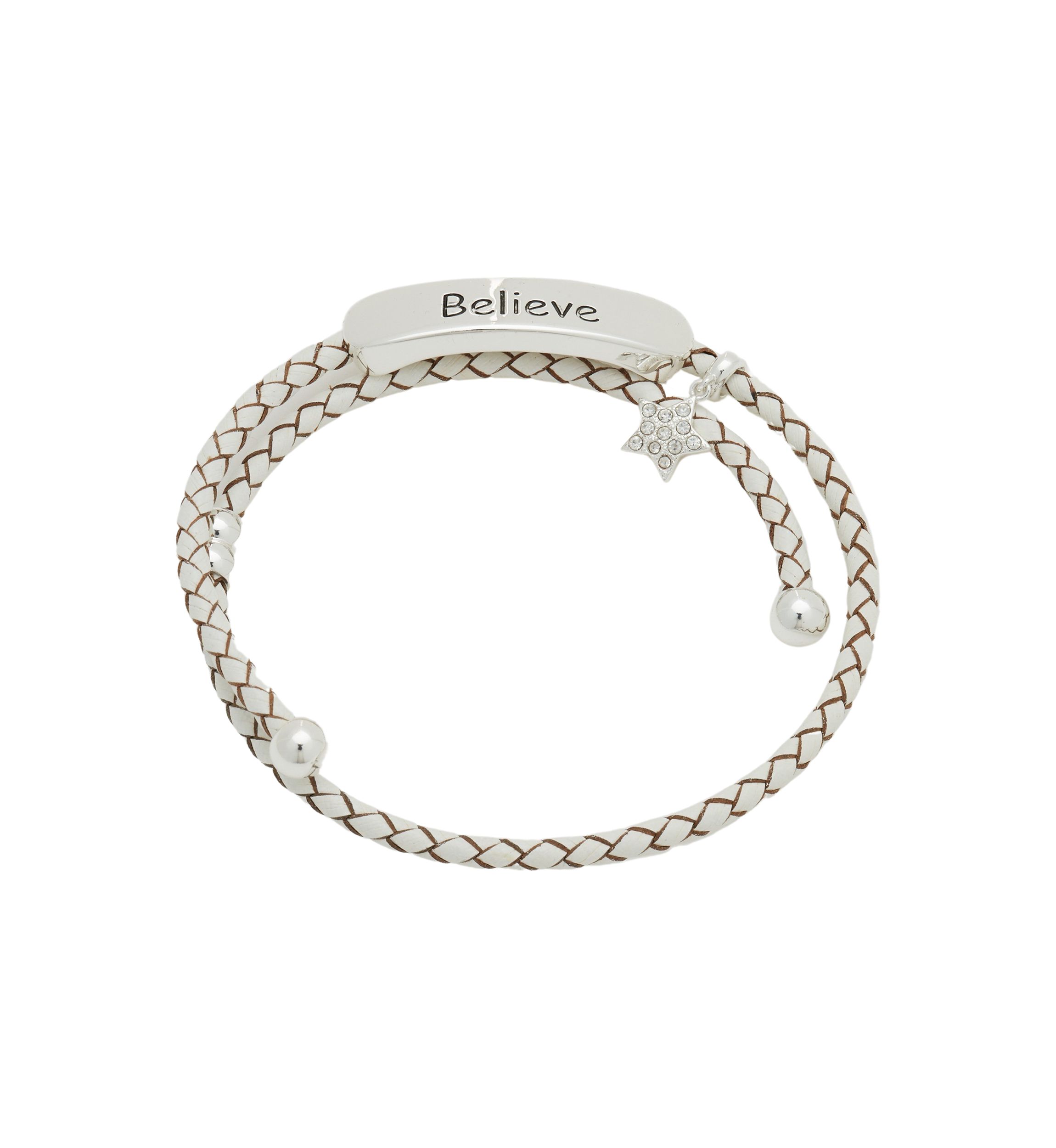 Lab Created Silver Tone Believe Bar Charm Leather Adjustable Bracelet