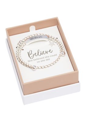 Lab Created Silver Tone Believe Bar Charm Leather Adjustable Bracelet