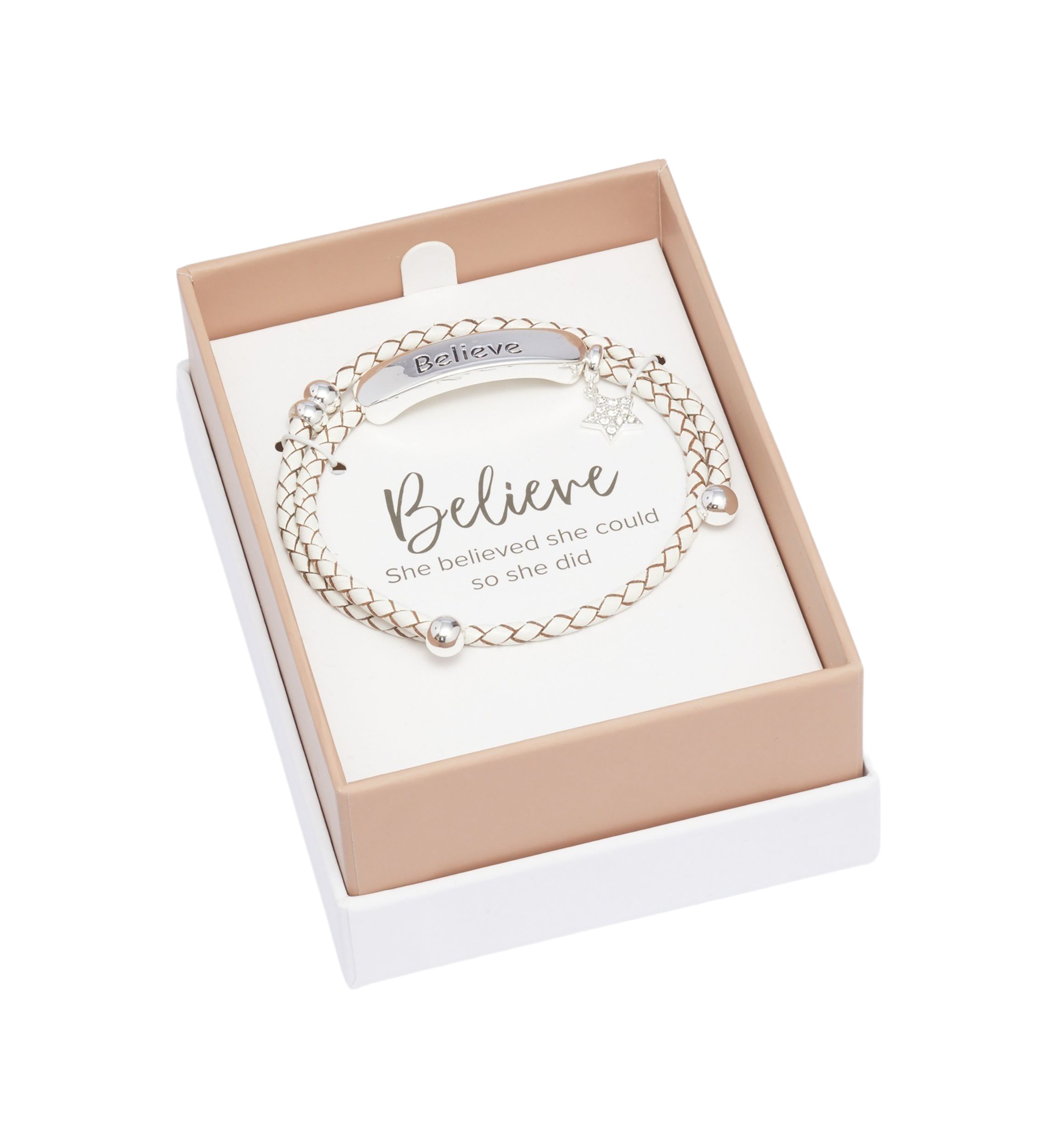Lab Created Silver Tone Believe Bar Charm Leather Adjustable Bracelet