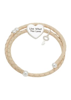 Lab Created Silver Tone Live What You Love Heart Charm Leather Adjustable Bracelet