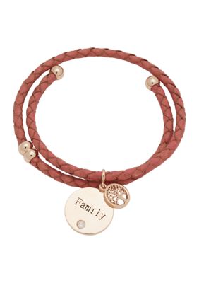 Lab Created Rose Gold Tone Family Charm Leather Adjustable Bracelet