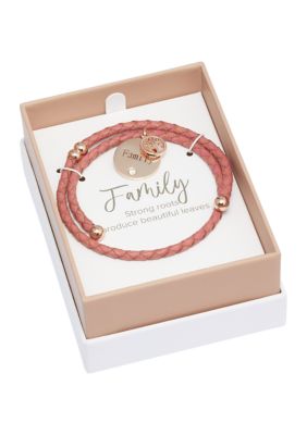 Lab Created Rose Gold Tone Family Charm Leather Adjustable Bracelet