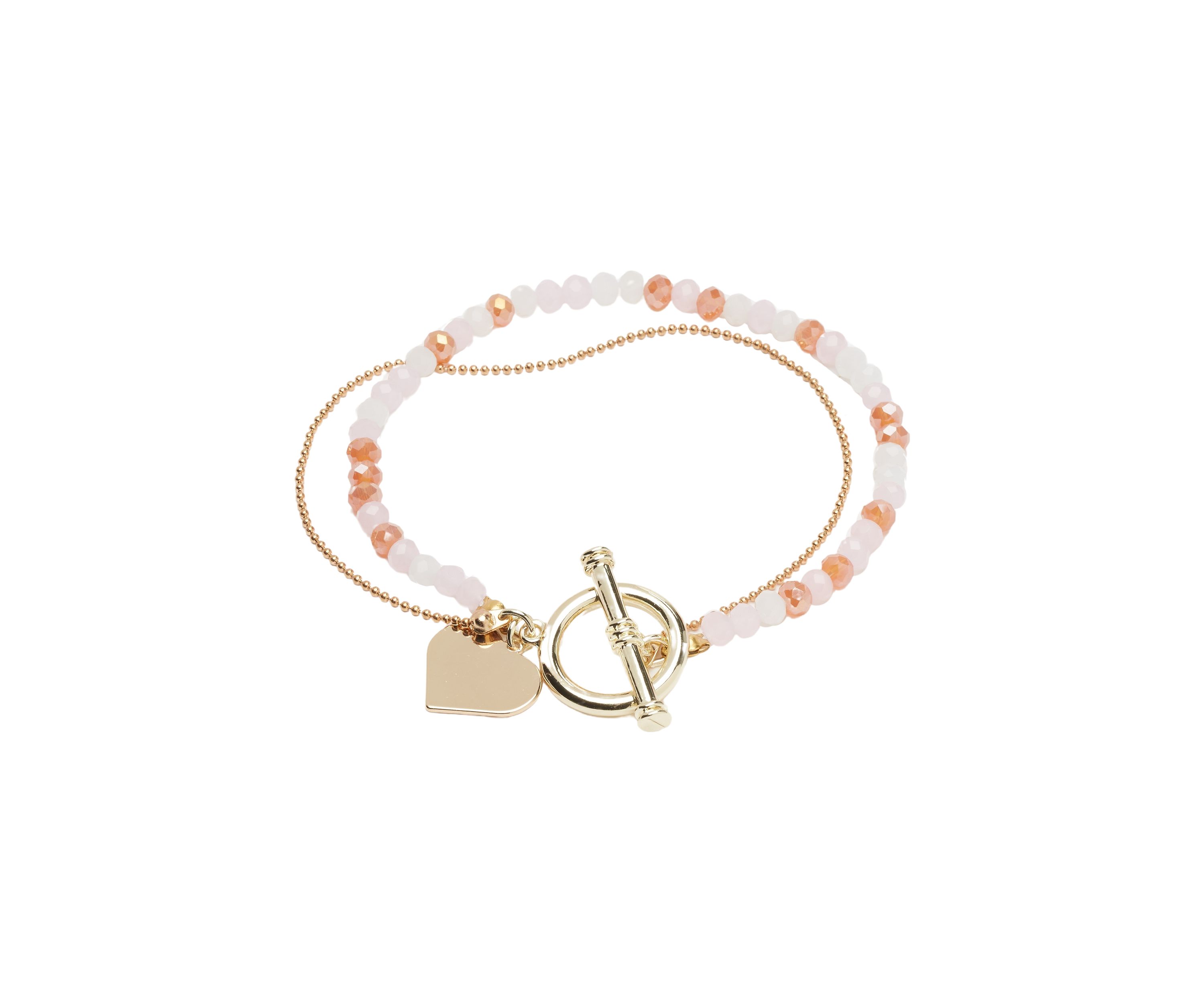 Gold Tone Genuine Beaded Heart Toggle Multi Strand Bracelet