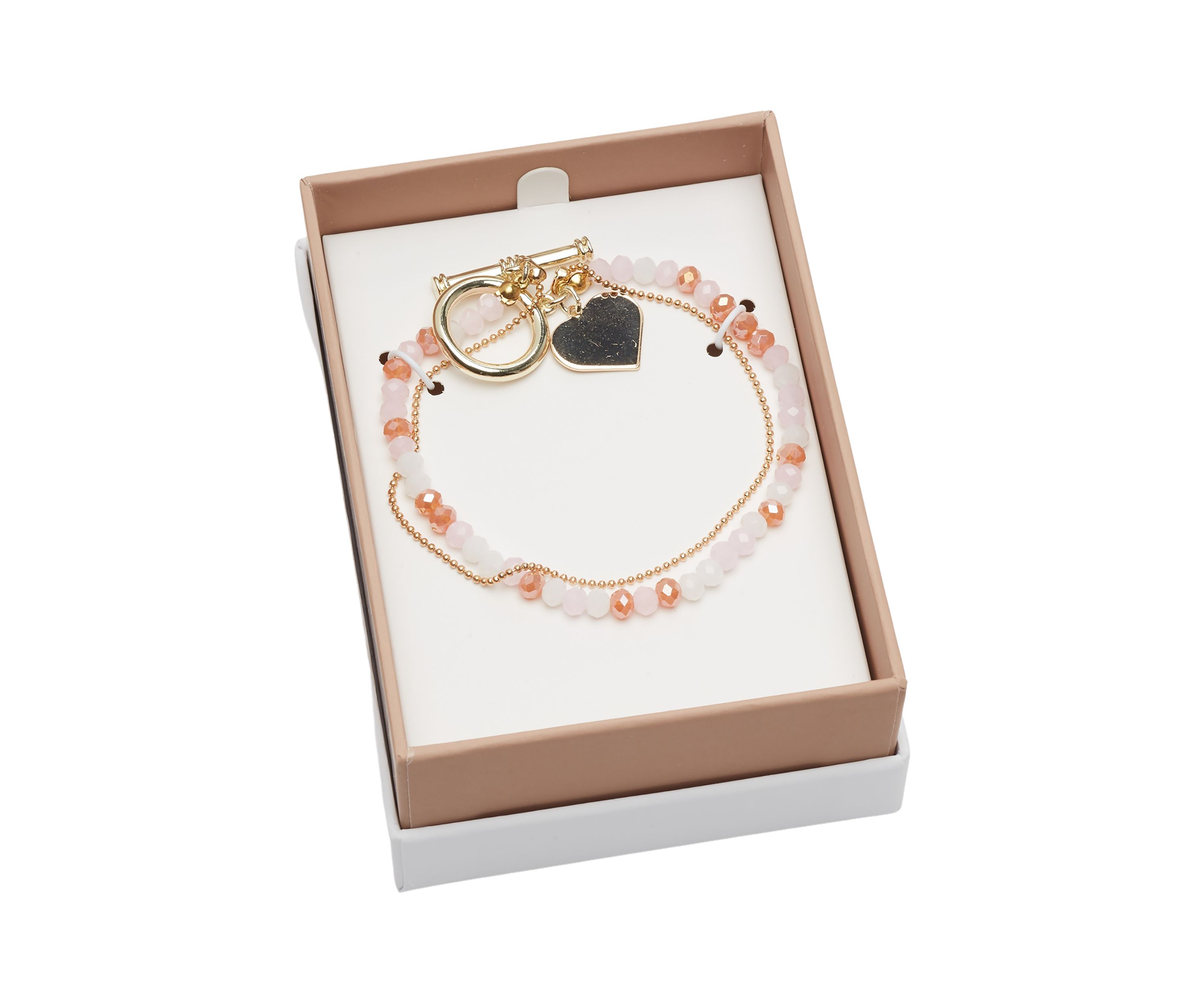 Gold Tone Genuine Beaded Heart Toggle Multi Strand Bracelet