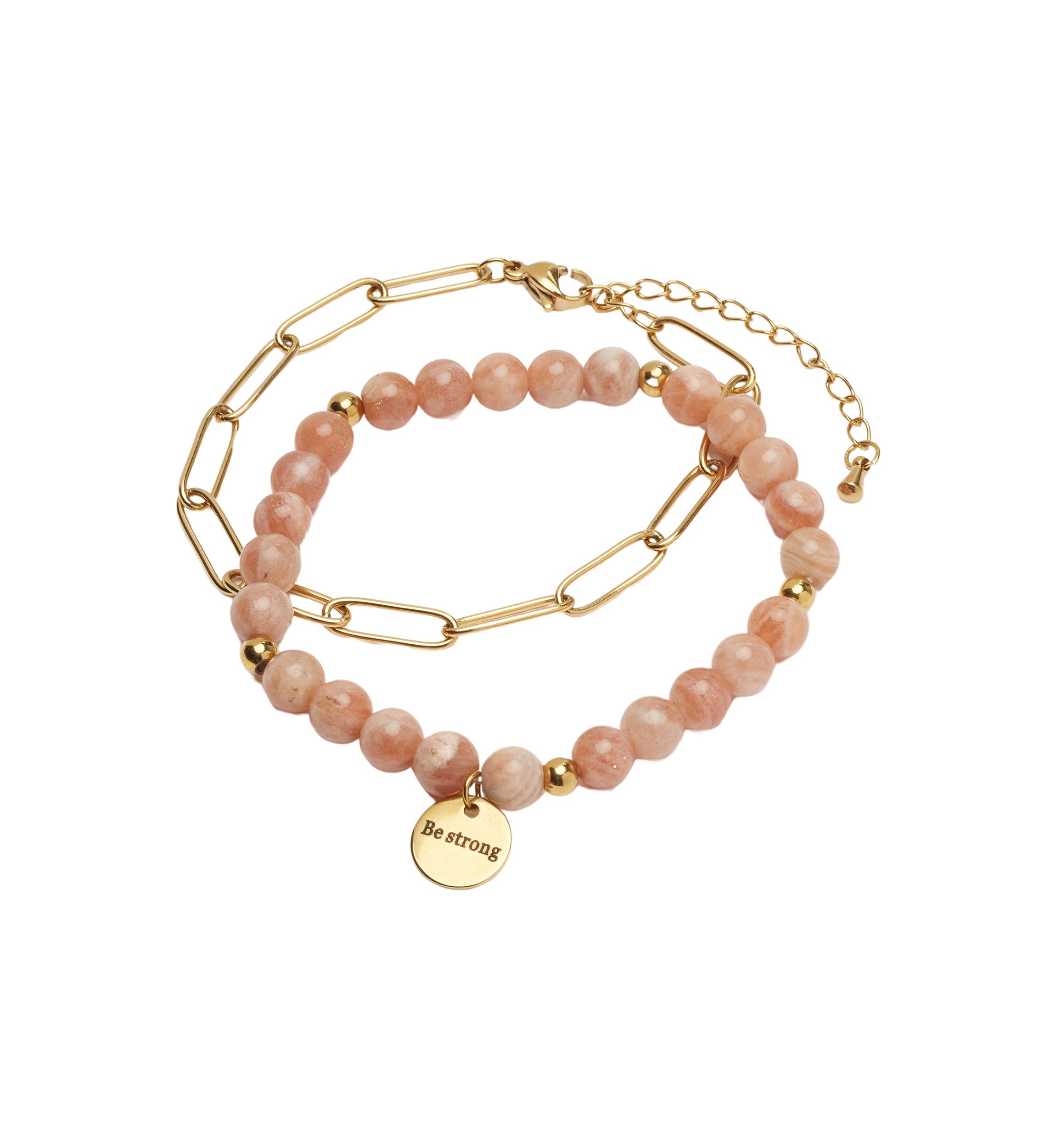Gold Tone Genuine Beaded Be Strong Chain Bracelet Duo Set