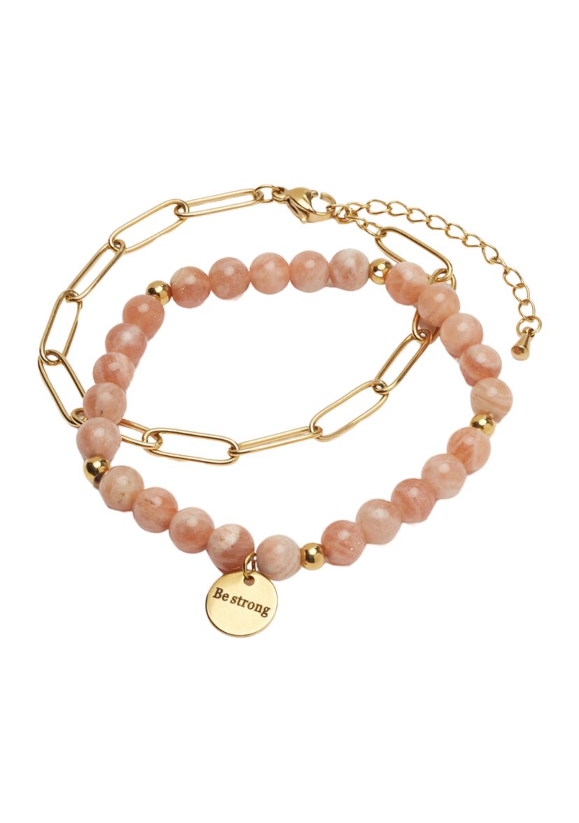 Gold Tone Genuine Beaded Be Strong Chain Bracelet Duo Set