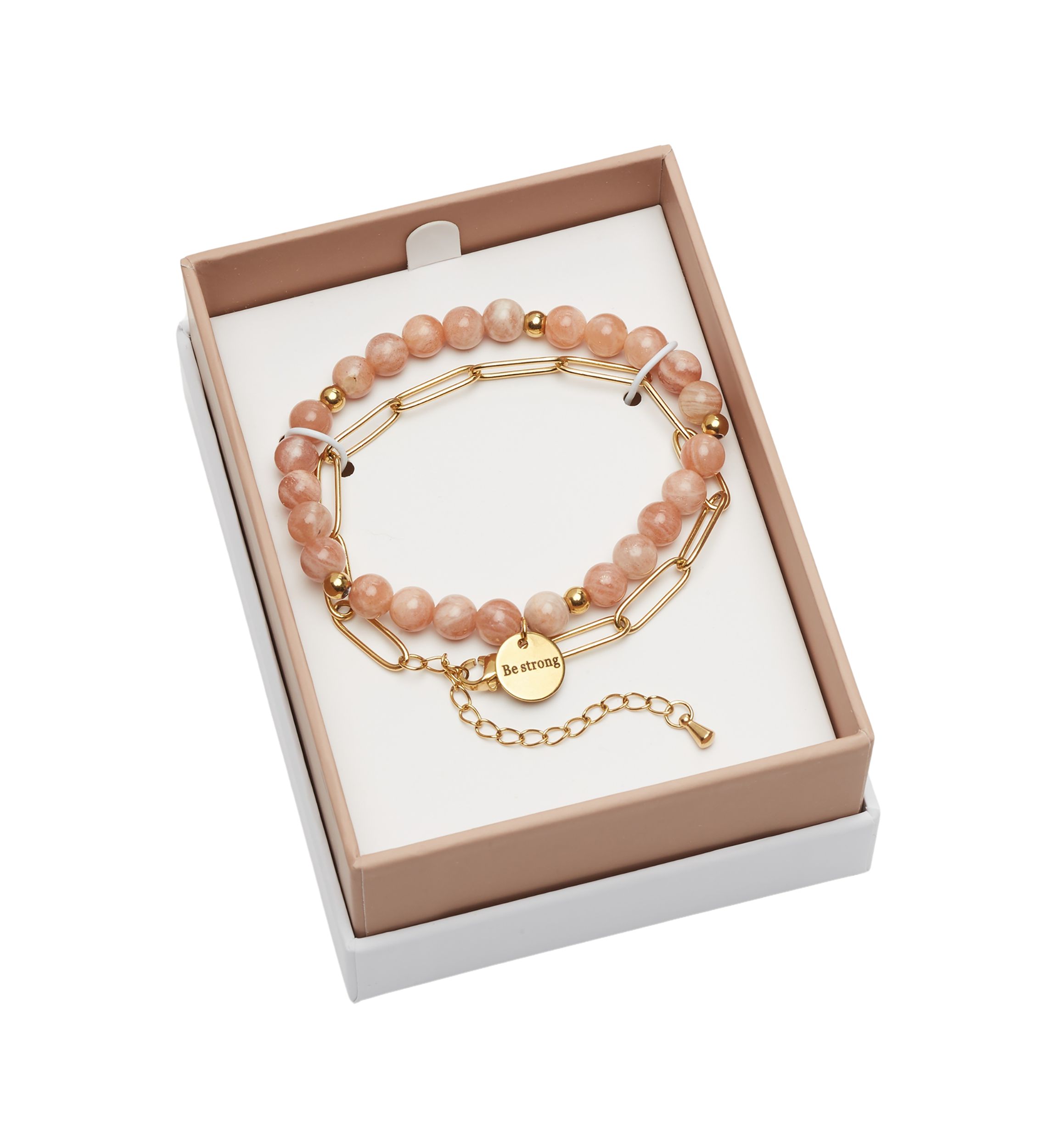 Gold Tone Genuine Beaded Be Strong Chain Bracelet Duo Set