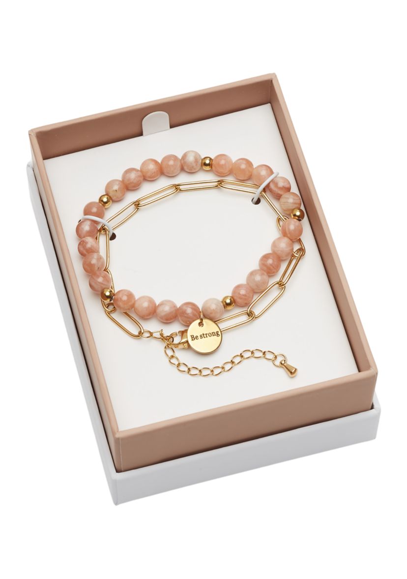 Gold Tone Genuine Beaded Be Strong Chain Bracelet Duo Set
