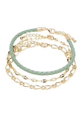 Gold Tone Genuine Leather Chain Bracelet Set