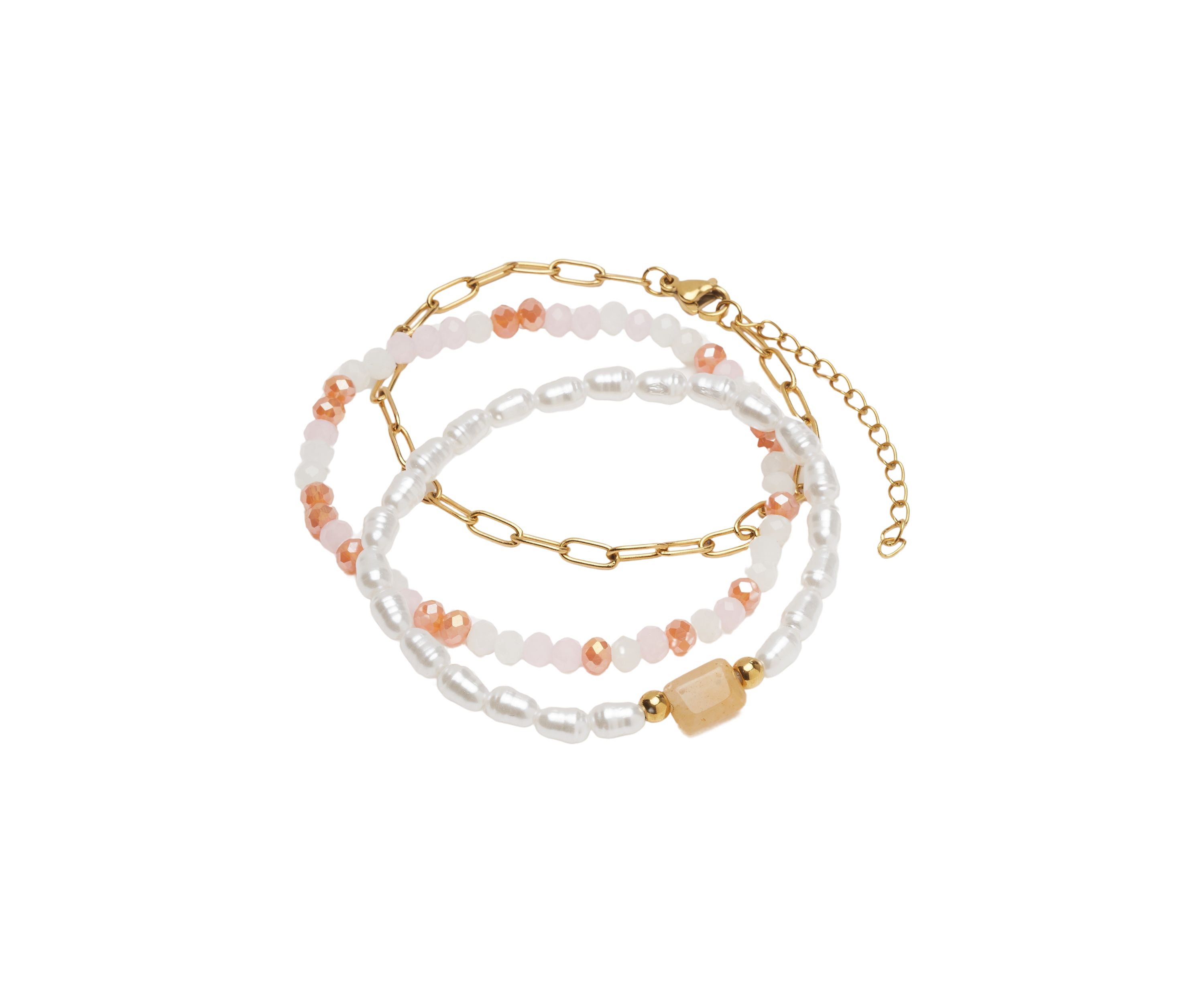 Gold Tone Genuine Beaded Pearl Chain Bracelet Trio Set