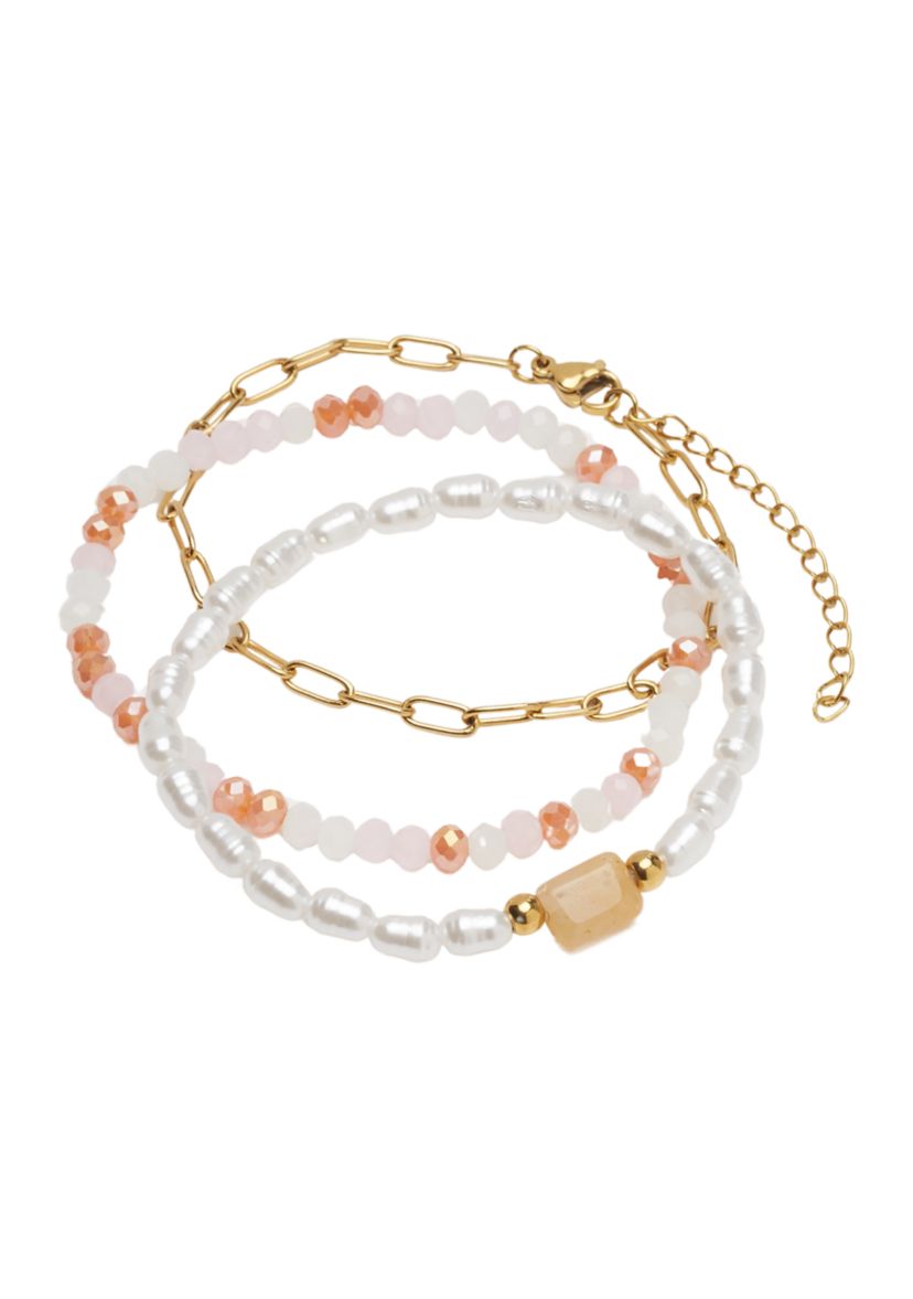 Gold Tone Genuine Beaded Pearl Chain Bracelet Trio Set