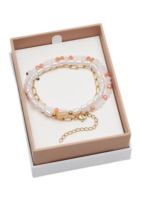 Gold Tone Genuine Beaded Lab Grown Pearl Chain Bracelet Trio Set