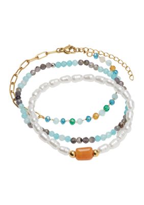 Gold Tone Genuined Beaded Lab Grown Pearl Chain Bracelet Trio Set