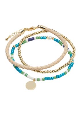 Gold Tone Genuine Leather Beaded Bracelet Trio Set