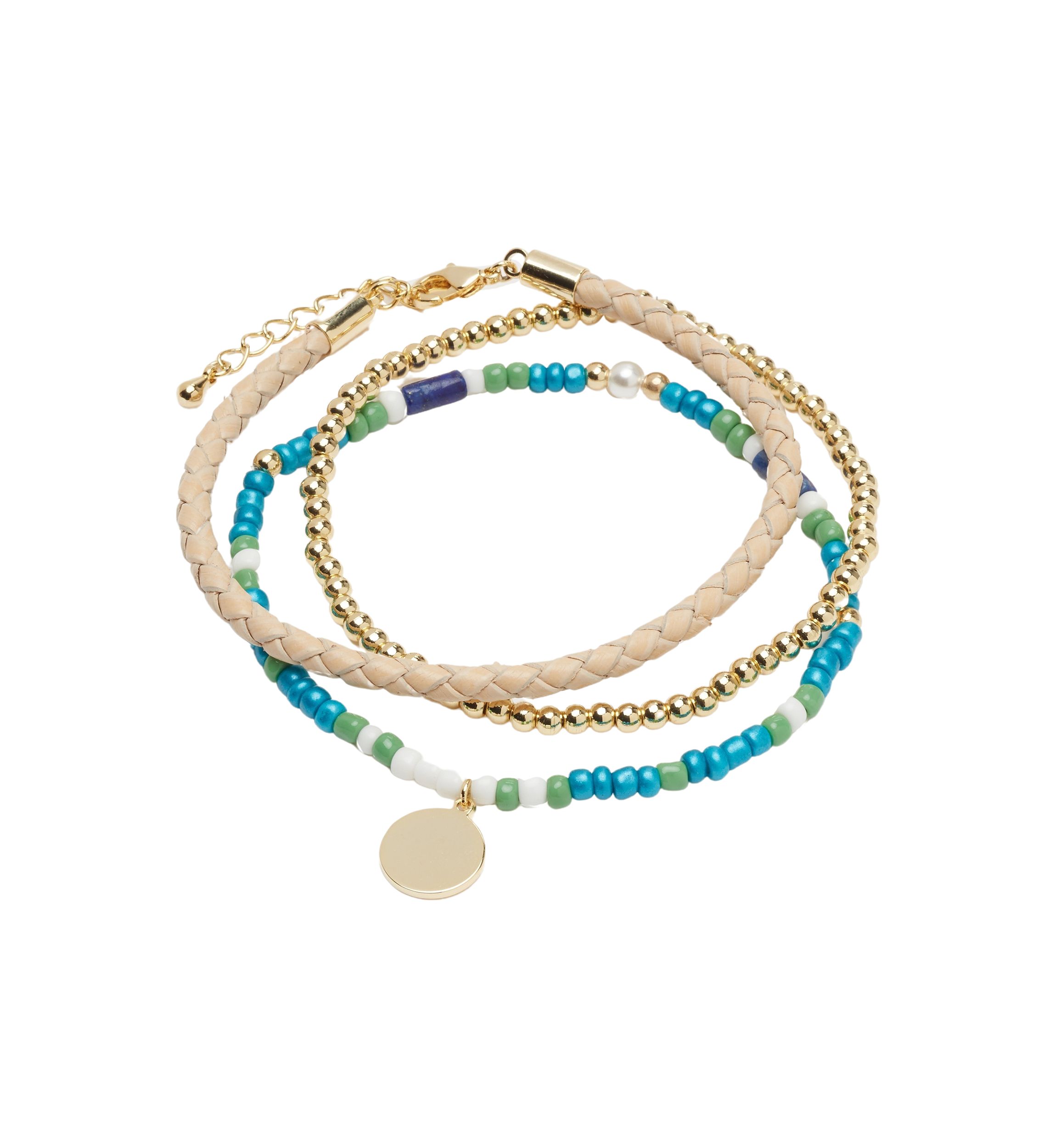 Gold Tone Genuine Leather Beaded Bracelet Trio Set