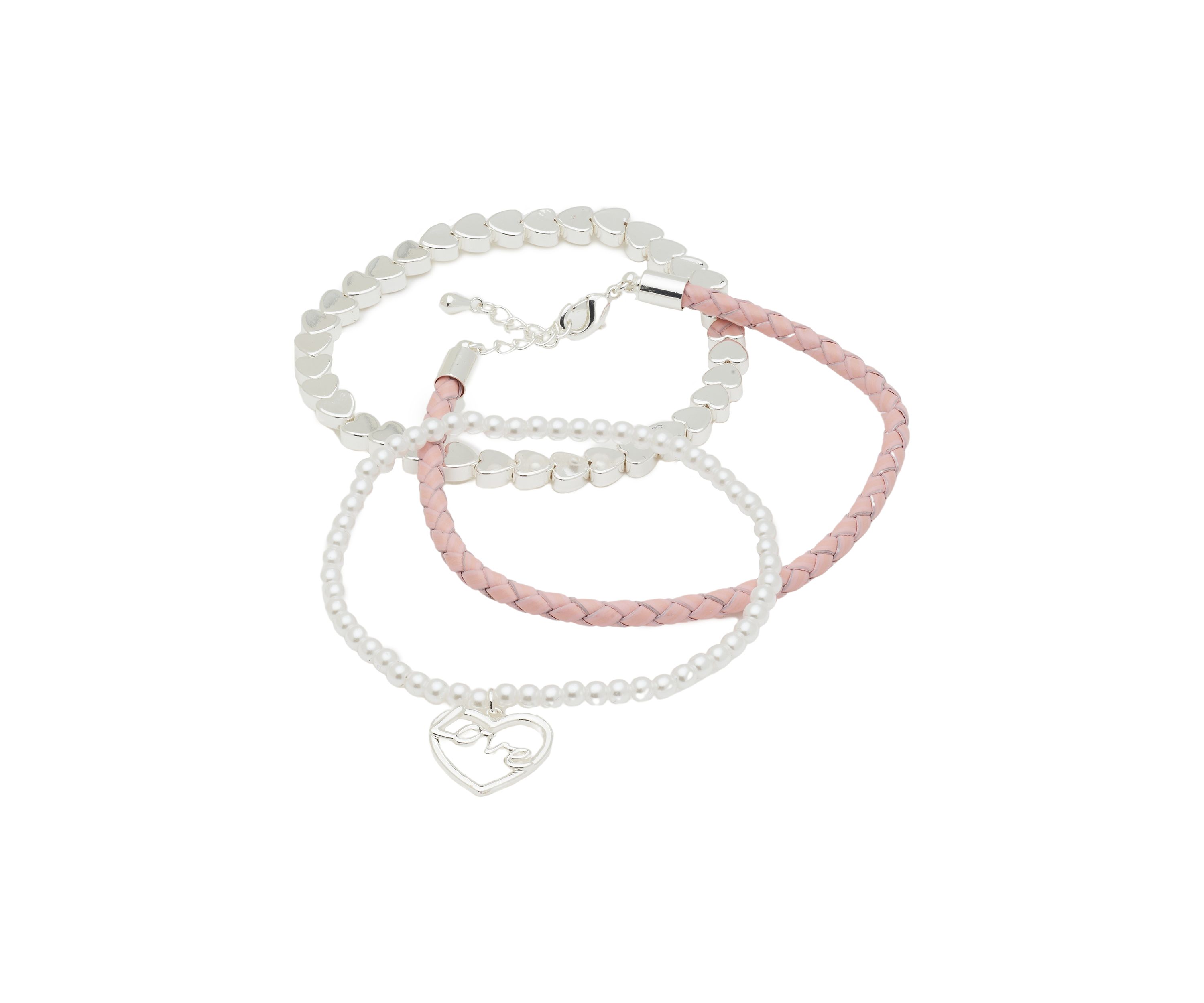 Silver Tone Leather & Pearl Love Charm Trio Bracelet Set