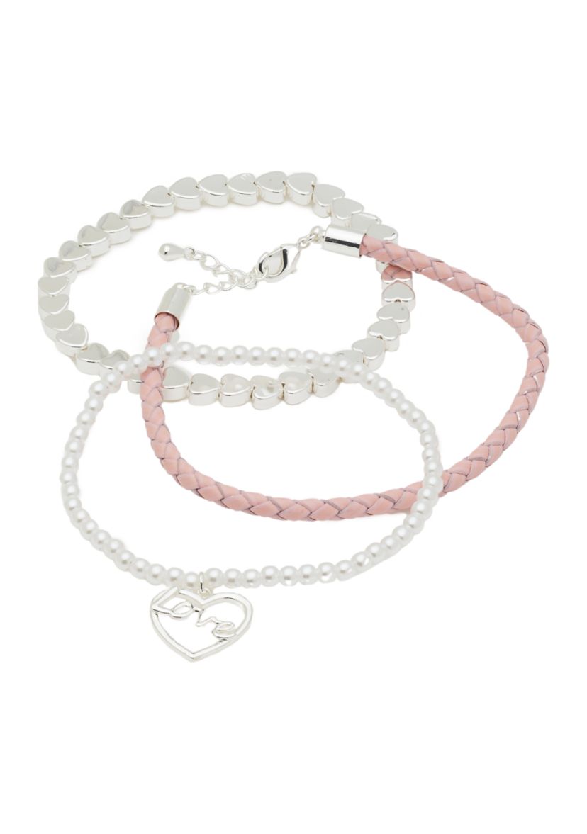 Silver Tone Leather & Pearl Love Charm Trio Bracelet Set