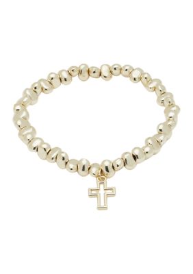 Gold Tone Beaded Stretch Cross Bracelet