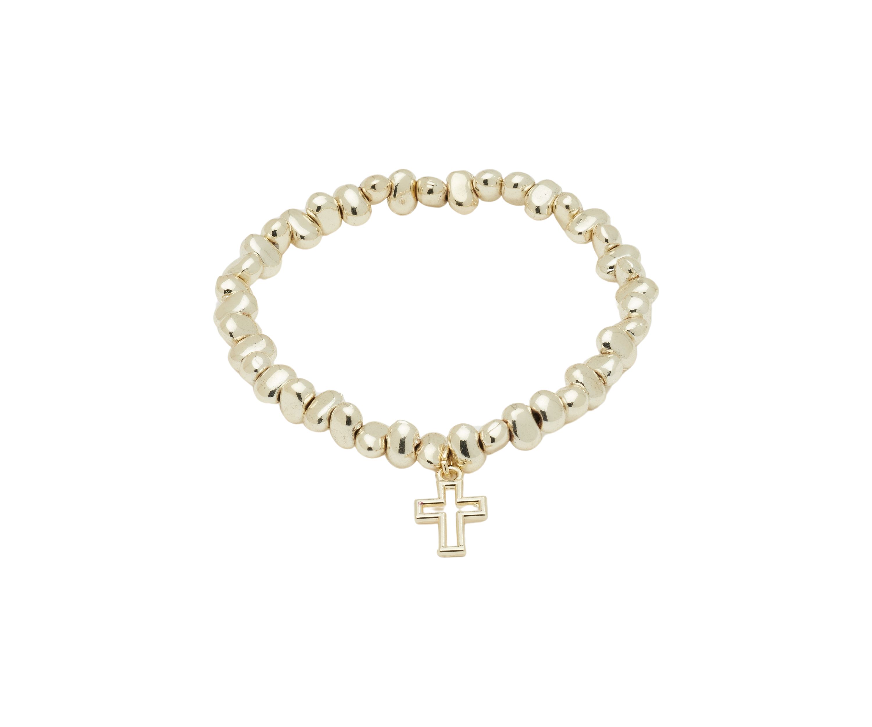 Gold Tone Beaded Stretch Cross Bracelet