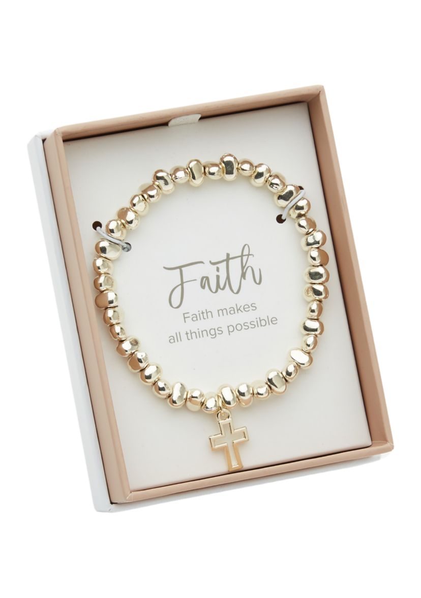 Gold Tone Beaded Stretch Cross Bracelet