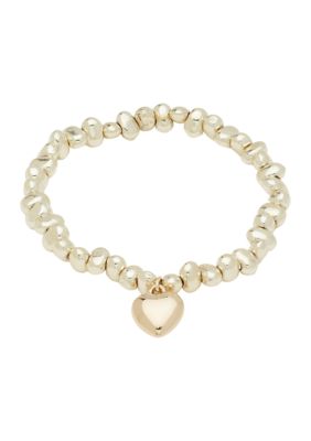 Gold Tone Beaded Stretch Heart Bracelet