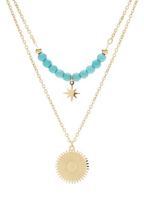 Lab Grown Gold Tone Turquoise Beaded & Disc Duo Pendant Set