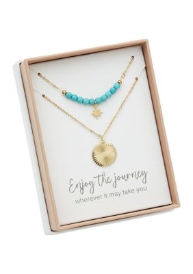 Lab Grown Gold Tone Turquoise Beaded & Disc Duo Pendant Set