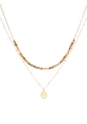 Lab Grown Gold Tone Genuine Stone & Star Disc Duo Pendant Necklace Set