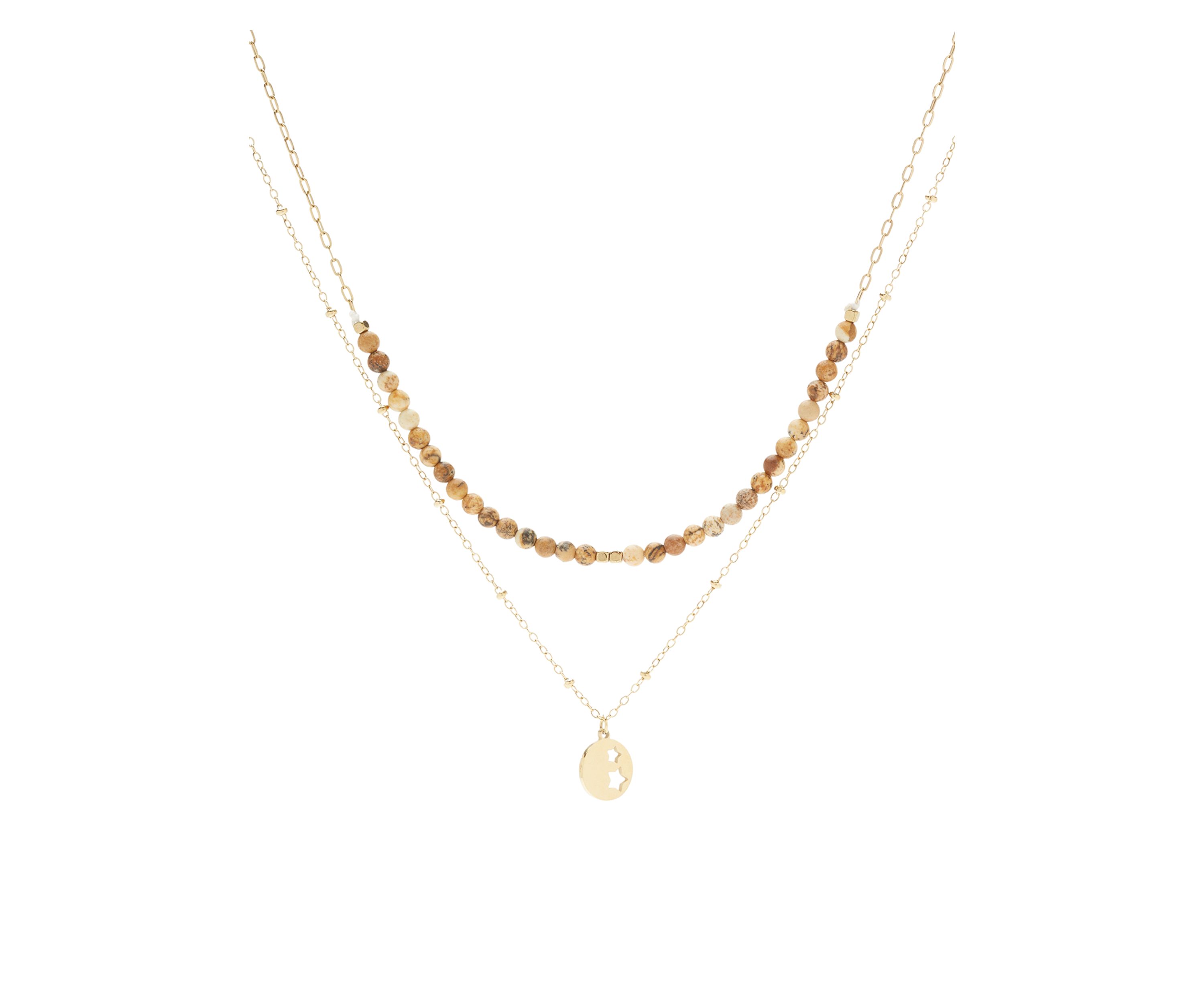 Gold Tone Genuine Stone & Star Disc Duo Pendant Necklace Set