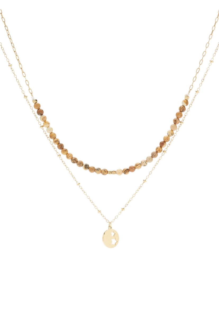 Gold Tone Genuine Stone & Star Disc Duo Pendant Necklace Set